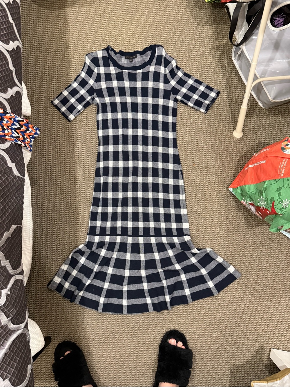 Banana Republic Navy and White Gingham Ruffle-Hem Knit Dress